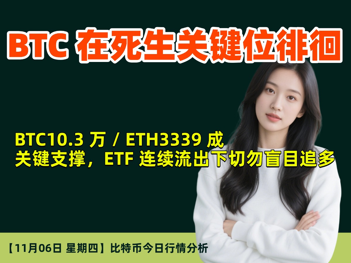 11月06日｜BTC在死生关键位徘徊｜BTC10.3 万 / ETH3339 成关键支撑，ETF 连续流出下切勿盲目追多