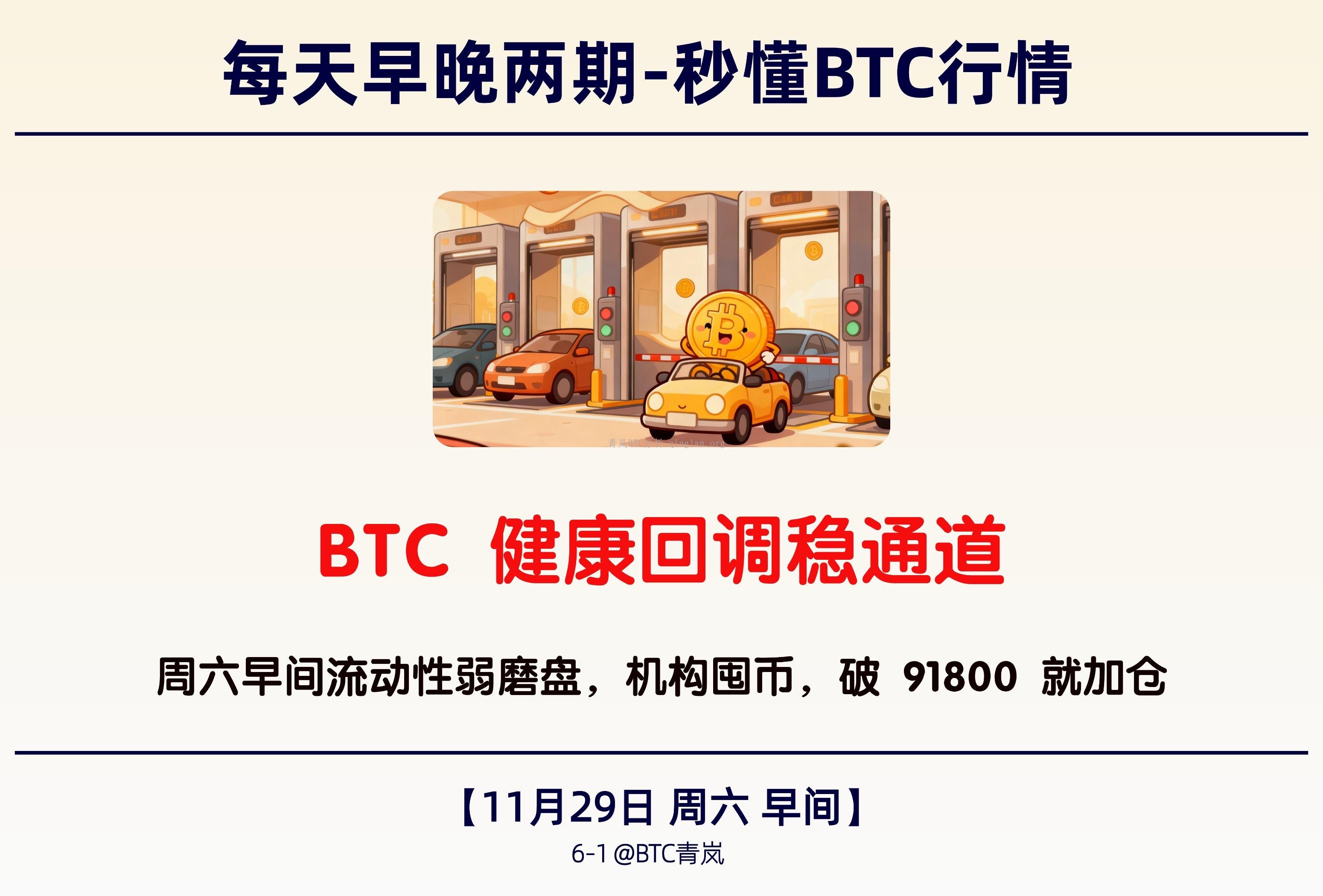 11月29日周六 早间｜BTC 健康回调稳通道 ｜周六早间流动性弱磨盘，机构囤币，破 91800 就加仓